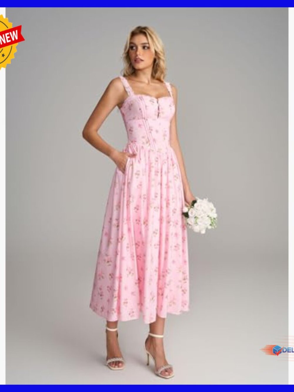 Summer Corset Midi Dress Floral Lace Smocked Flowy A-Line with Pockets - Picture 5 of 7